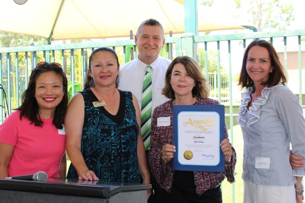 Sycamores’ Wendy Wang, Anna Zarley, from Assemblymember Tom Lackey’s office, with Sycamores’ Chad Scott, Debbie Manners, and Jana Lord.